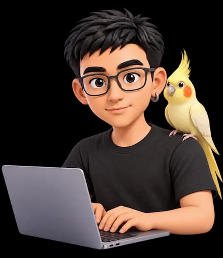 Retrato ilustrado de Luiz trabalhando com um laptop e uma calopsita